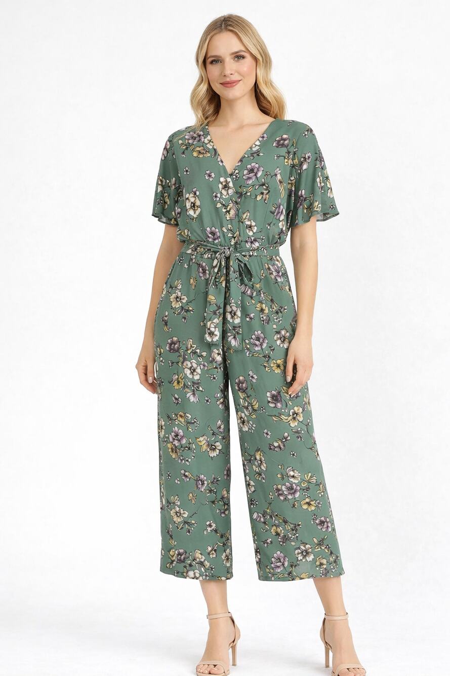 June & Hudson Womens Floral Cropped Jumpsuit V Neck Tie Waist Green Size Large